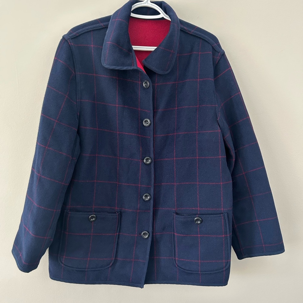 Vintage TABI 90’s Red Reversible Navy Blue Gingham Casual Wool Lightweight Coat - Picture 3 of 8